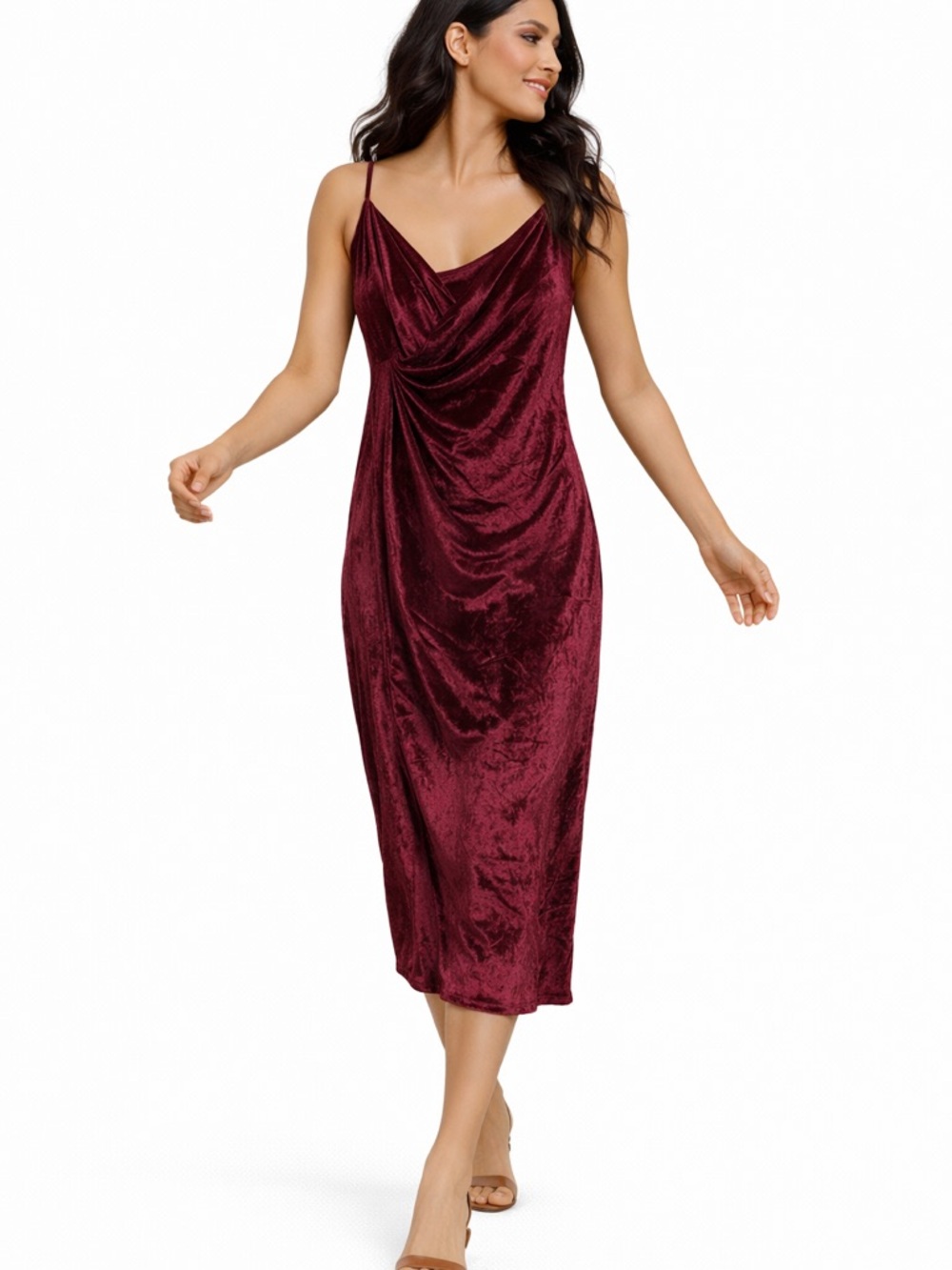 Showpo Burgundy Velvet Midi Dress Surplice Draped Bodycon Size 10